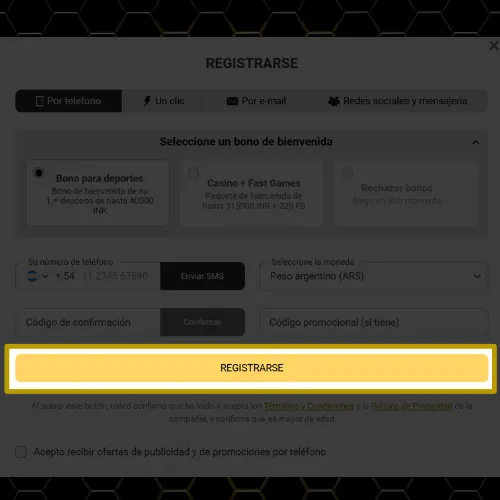 Confirmar la creación de la cuenta Melbet